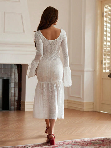 Women Elegant Flare Sleeve Lace Mermaid Dress