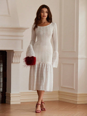 Women Elegant Flare Sleeve Lace Mermaid Dress