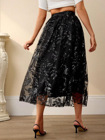 Rosie Women French Elegant Sequin Embroidered Mesh A-Line Skirt