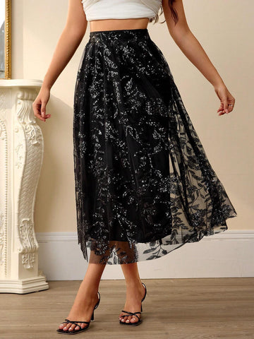 Rosie Women French Elegant Sequin Embroidered Mesh A-Line Skirt