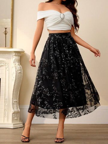 Rosie Women French Elegant Sequin Embroidered Mesh A-Line Skirt