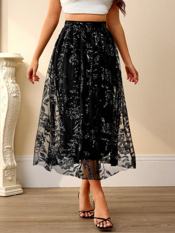 Rosie Women French Elegant Sequin Embroidered Mesh A-Line Skirt