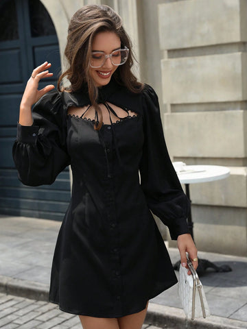 Women's Cutout Front Tie-Up Waist Flattering Long Sleeve Midi Dress, Autumn