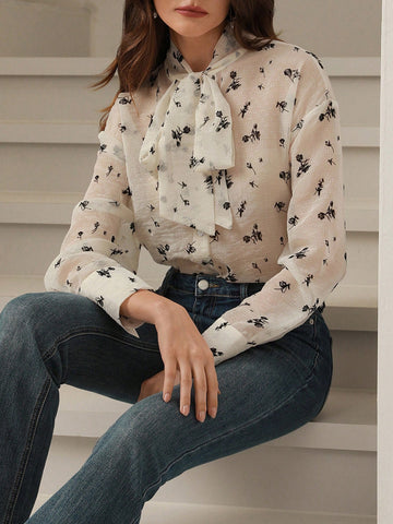 Rosie Women's Elegant Ditsy Floral Knotted Collar Semi-Sheer Blouse,