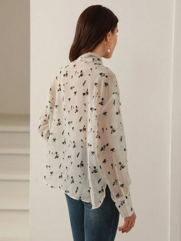 Rosie Women's Elegant Ditsy Floral Knotted Collar Semi-Sheer Blouse,