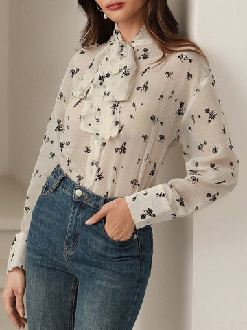Rosie Women's Elegant Ditsy Floral Knotted Collar Semi-Sheer Blouse,