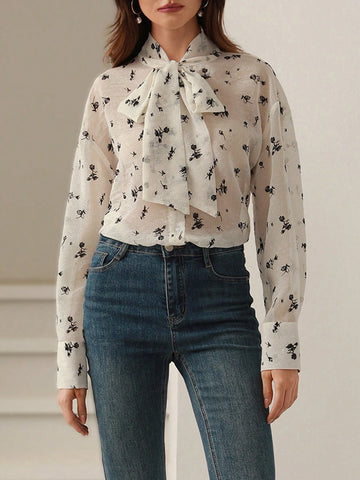 Rosie Women's Elegant Ditsy Floral Knotted Collar Semi-Sheer Blouse,