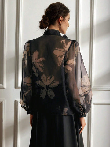 Women's Fashion Floral Print Tie Neck Sheer Pullover Sweater For Autumn/Winter