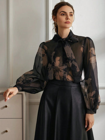 Women's Fashion Floral Print Tie Neck Sheer Pullover Sweater For Autumn/Winter