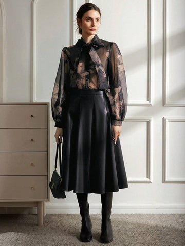 Women's Fashion Floral Print Tie Neck Sheer Pullover Sweater For Autumn/Winter