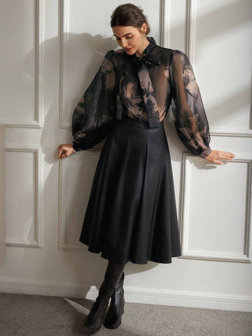 Women's Fashion Floral Print Tie Neck Sheer Pullover Sweater For Autumn/Winter