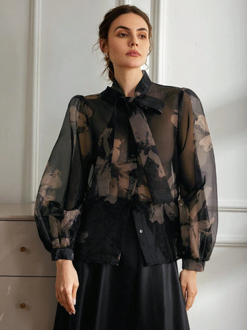 Women's Fashion Floral Print Tie Neck Sheer Pullover Sweater For Autumn/Winter