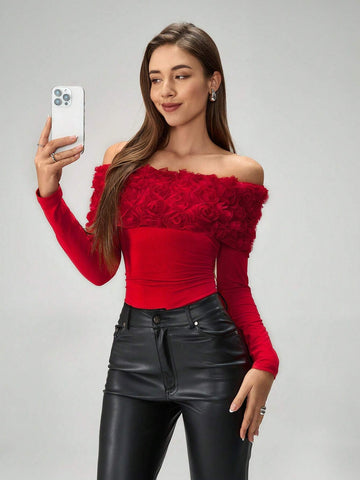 1pc Elegant Open Shoulder 3D Floral Bodysuit