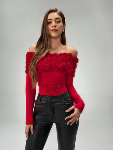 1pc Elegant Open Shoulder 3D Floral Bodysuit
