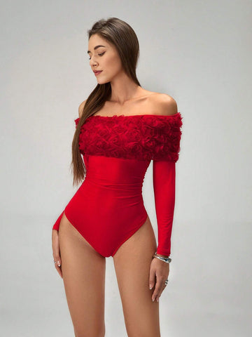1pc Elegant Open Shoulder 3D Floral Bodysuit