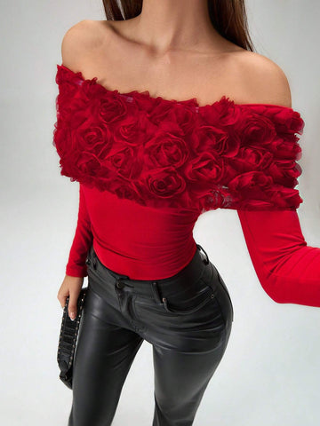 1pc Elegant Open Shoulder 3D Floral Bodysuit