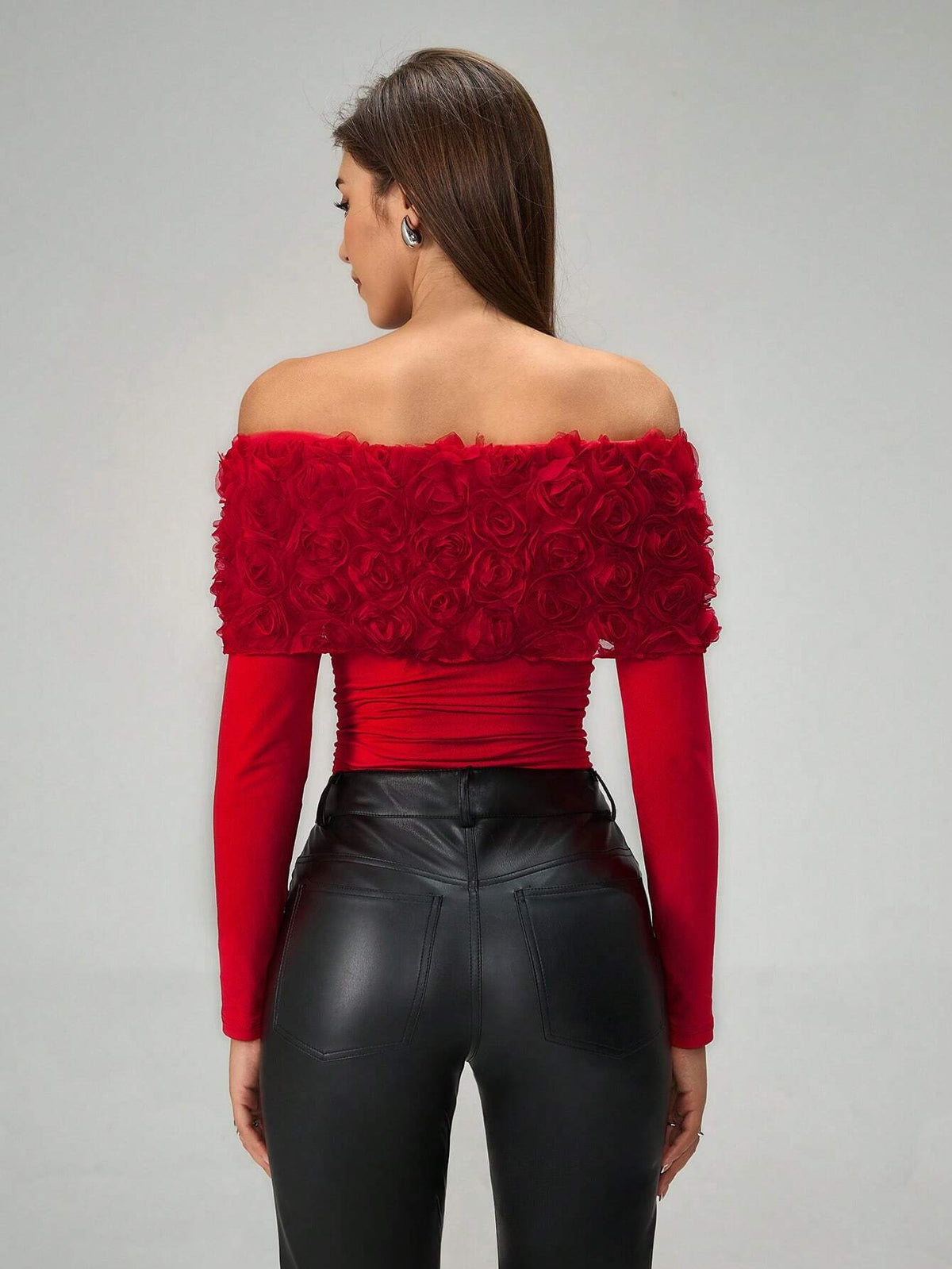 1pc Elegant Open Shoulder 3D Floral Bodysuit