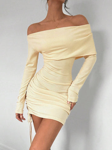 1pc Solid Color Off Shoulder Bodycon Dress, Minimalist & Casual Everyday Wear