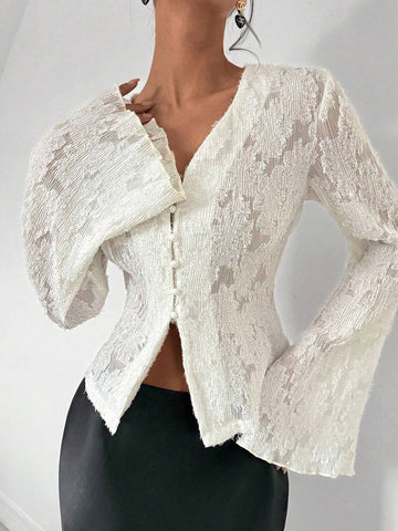 Royalia Fashionable, Romantic And Elegant Solid Color Lace Bell Sleeve Blouse