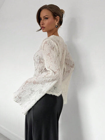 Royalia Fashionable, Romantic And Elegant Solid Color Lace Bell Sleeve Blouse