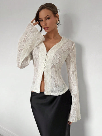 Royalia Fashionable, Romantic And Elegant Solid Color Lace Bell Sleeve Blouse