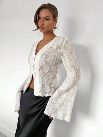 Royalia Fashionable, Romantic And Elegant Solid Color Lace Bell Sleeve Blouse
