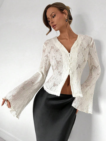 Royalia Fashionable, Romantic And Elegant Solid Color Lace Bell Sleeve Blouse