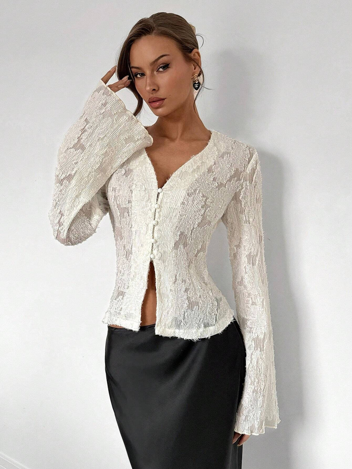 Royalia Fashionable, Romantic And Elegant Solid Color Lace Bell Sleeve Blouse
