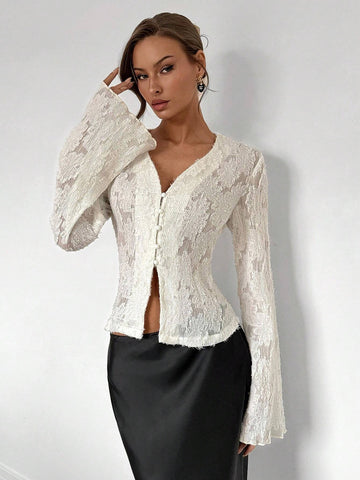 Royalia Fashionable, Romantic And Elegant Solid Color Lace Bell Sleeve Blouse
