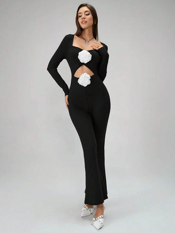 Floral Knitted Elegant Wrap Jumpsuit For Women, Romantic Party