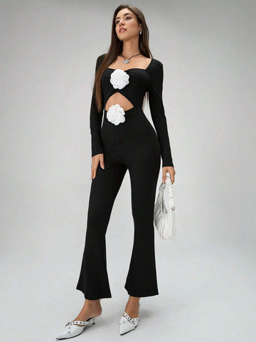 Floral Knitted Elegant Wrap Jumpsuit For Women, Romantic Party