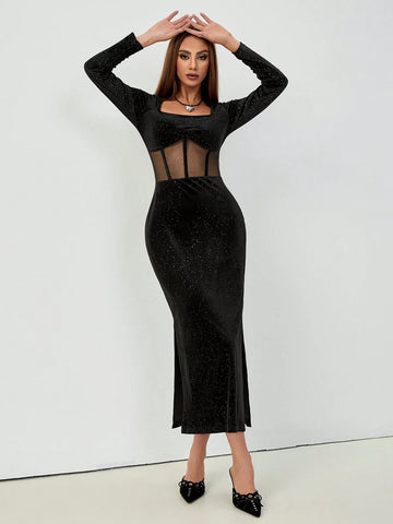High Stretch Velvet & Sparkle Mesh Patchwork Solid Color Long Sleeve Boat Neck Transparent Waist Slit Hem Dress, Elegant & Sexy For Evening Party, Prom, Spring/Summer/Autumn