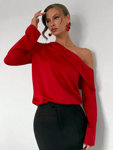 Solid Color Asymmetrical Collar Satin Office Formal Long Sleeve Shirt
