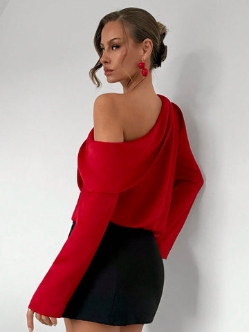 Solid Color Asymmetrical Collar Satin Office Formal Long Sleeve Shirt