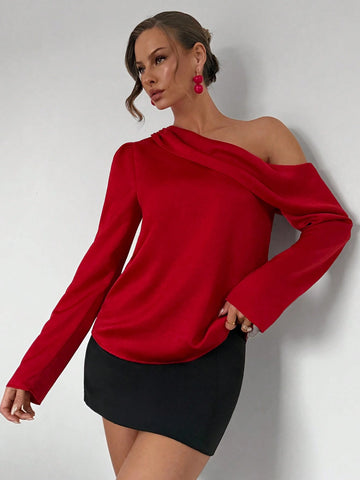 Solid Color Asymmetrical Collar Satin Office Formal Long Sleeve Shirt