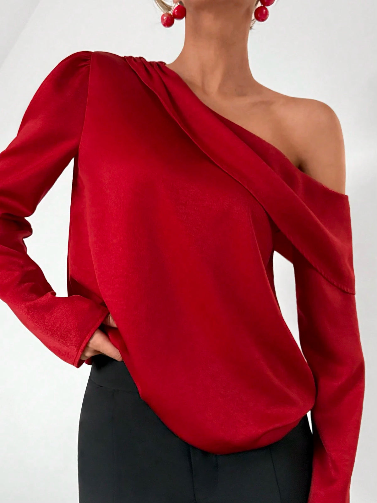 Solid Color Asymmetrical Collar Satin Office Formal Long Sleeve Shirt