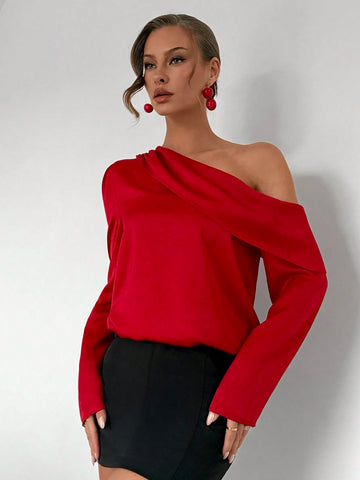 Solid Color Asymmetrical Collar Satin Office Formal Long Sleeve Shirt