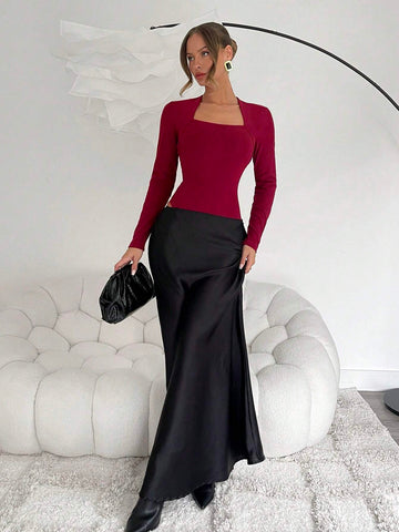 Square Neck Fleece Lining Tight-Fitting Bodysuit