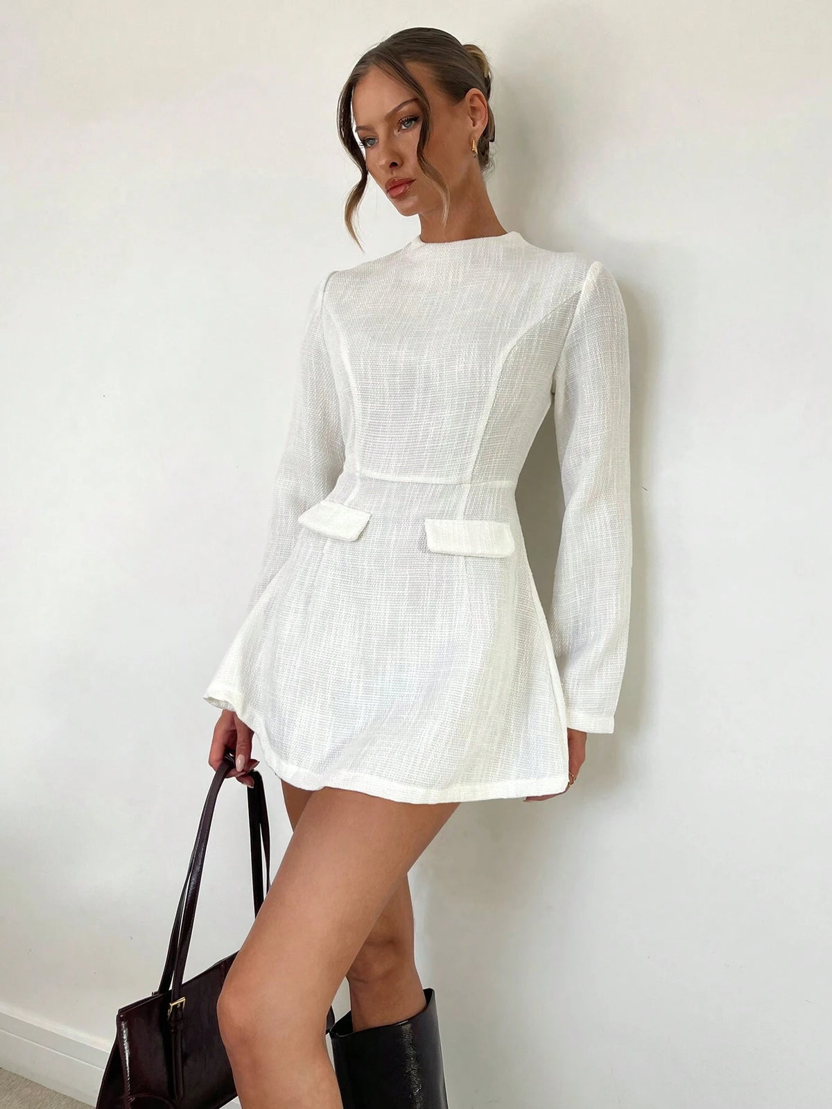 Stand Collar Long Sleeve Flounce Hem Elegant Cocktail Dress