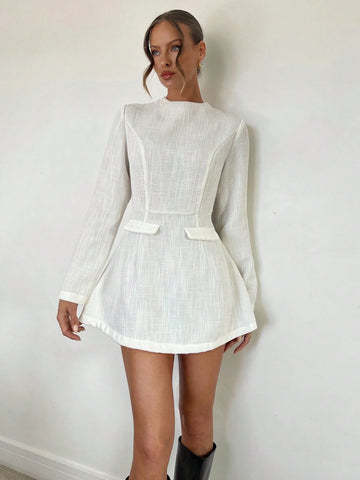 Stand Collar Long Sleeve Flounce Hem Elegant Cocktail Dress