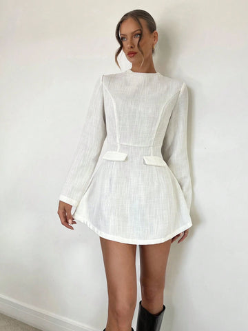 Stand Collar Long Sleeve Flounce Hem Elegant Cocktail Dress