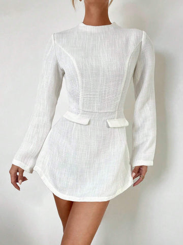 Stand Collar Long Sleeve Flounce Hem Elegant Cocktail Dress