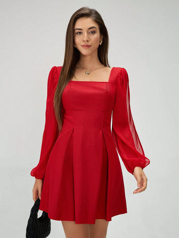Women Elegant Solid Color Pleated Lantern Sleeve Dress, Autumn