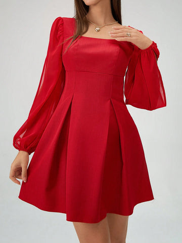 Women Elegant Solid Color Pleated Lantern Sleeve Dress, Autumn
