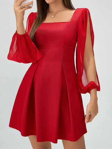 Women Elegant Solid Color Pleated Lantern Sleeve Dress, Autumn