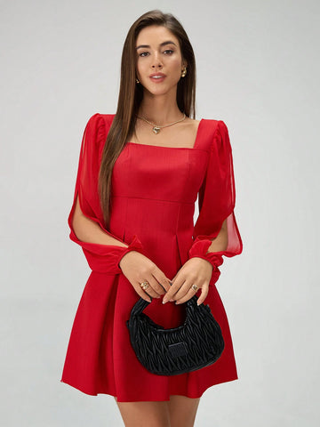Women Elegant Solid Color Pleated Lantern Sleeve Dress, Autumn