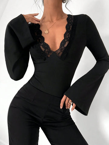 Women Patchwork Lace Bell Sleeve Bodysuit