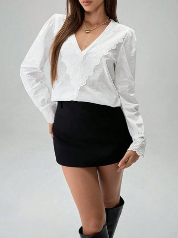 Women V-Neck Patchwork Lace Trim Solid Color Long Sleeve Blouse, Casual Daily Style Top For Women