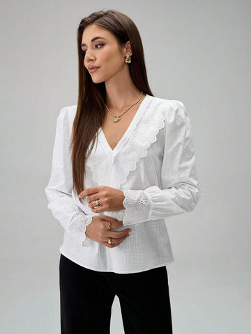 Women V-Neck Patchwork Lace Trim Solid Color Long Sleeve Blouse, Casual Daily Style Top For Women