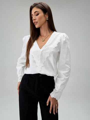 Women V-Neck Patchwork Lace Trim Solid Color Long Sleeve Blouse, Casual Daily Style Top For Women